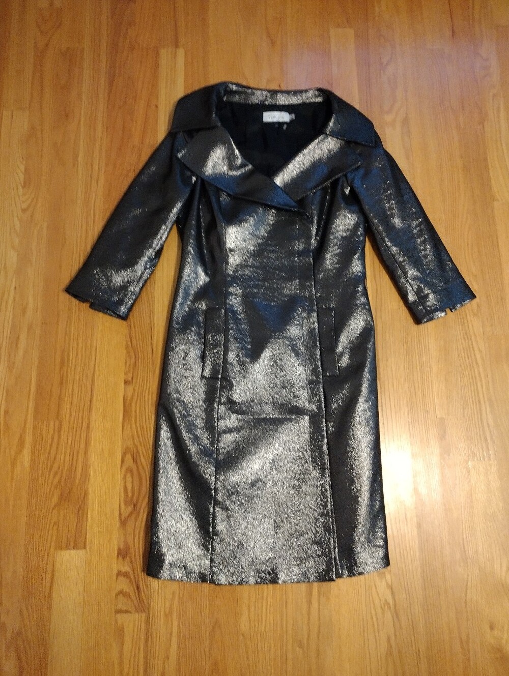 Rickie Freeman Teri Jon Black Metallic Shimmer Coat Dress Gown Size 8 Silver - Picture 2 of 6